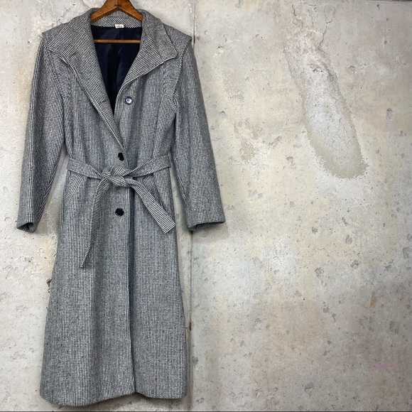 Vintage union made black white micro houndstooth unisex long pea coat - Picture 4 of 10